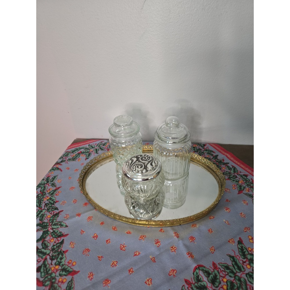 Vintage Clear Glass Vanity Jar Lot Lidded Apothecary Bathroom Canisters set of 3
